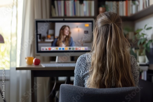 Female student taking a virtual course with a remote teacher, engaged in a distance learning class at home