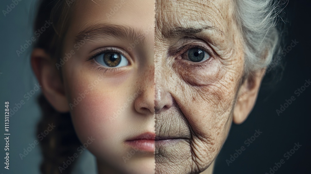 A split image showing a young girl and an elderly woman. A split image showing a young girl and an elderly woman.