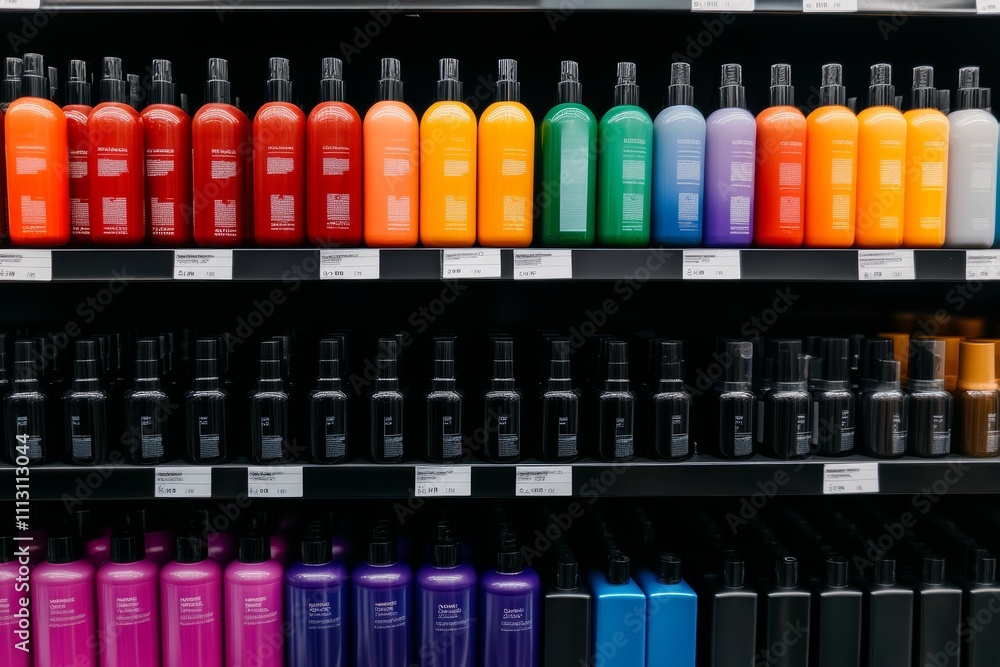 Fototapeta premium Colorful hair care products displayed on store shelves in orderly rows