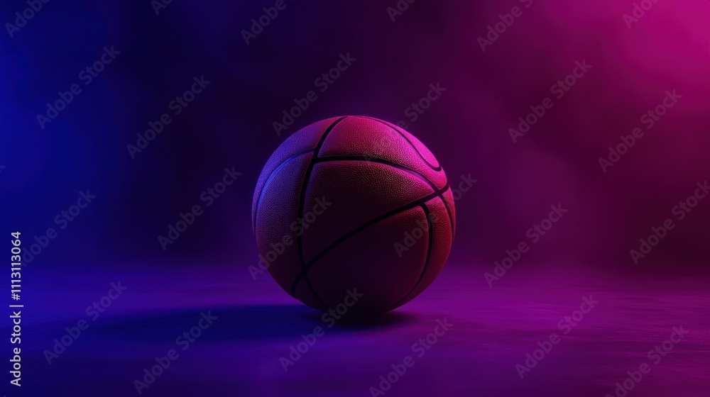 A basketball against a dark background, with purple and blue light A basketball against a dark background, with purple and blue light