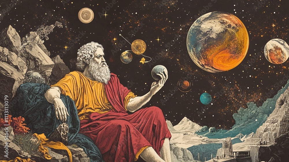 Φωτογραφία A wise old man sits on a rocky cliff, gazing at the stars and holding a miniature globe in his hand, surrounded by a cosmic scene of planets and stars