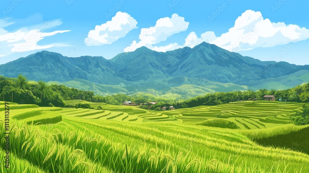 Obraz premium Stunning green terraced rice fields in mountainous landscape under bright blue sky. 