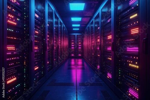 Modern data center interior lit with vibrant neon lights. Rows of server racks are filled with electronic equipment. Network cables connect equipment. Generative AI and tech innovation are apparent.