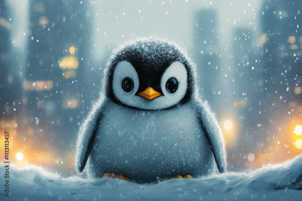 A cute, fluffy penguin stands in a snowy cityscape, evoking a whimsical winter atmosphere. A cute, fluffy penguin stands in a snowy cityscape, evoking a whimsical winter atmosphere.