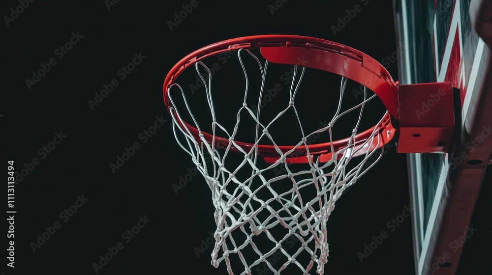 A basketball hoop with a white net, red rim and black background A basketball hoop with a white net, red rim and black background