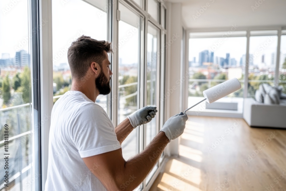 A focused man is painting a wall in a beautifully designed modern apartment, showcasing a blend of comfort and creativity in his workspace surrounded by natural light. A focused man is painting a wall in a beautifully designed modern apartment, showcasing a blend of comfort and creativity in his workspace surrounded by natural light.