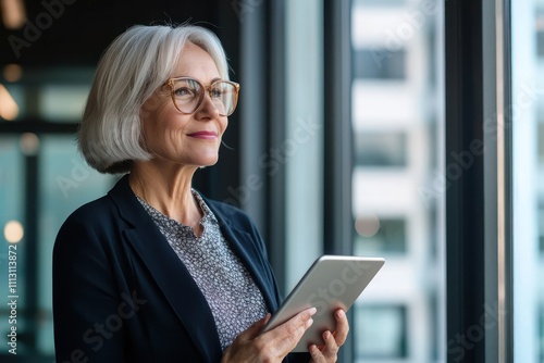 Happy older professional businesswoman holding a tablet, looking away in the office, thinking future success