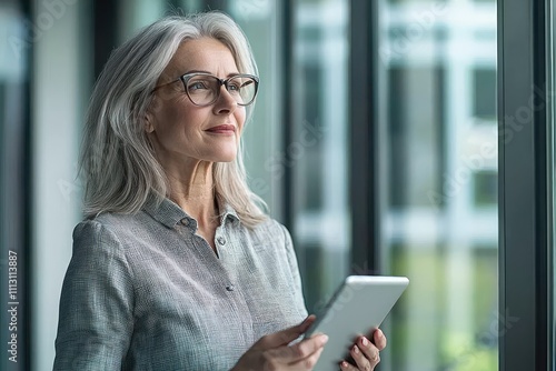 Happy older professional businesswoman holding a tablet, looking away in the office, thinking future success