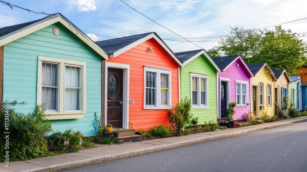 Charming row of colorful small houses on sunny day Charming row of colorful small houses on sunny day