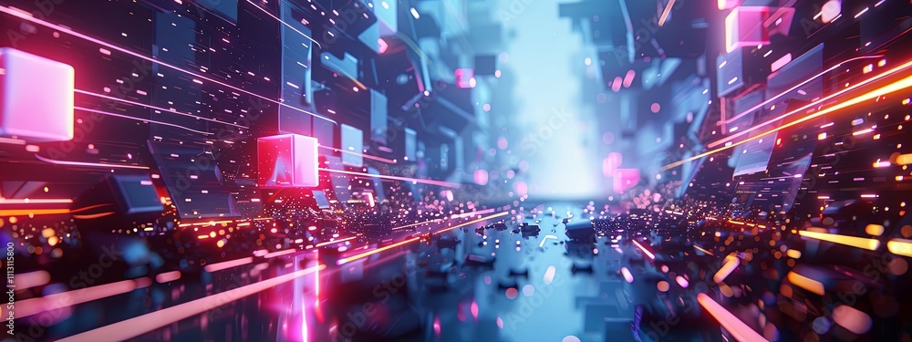 Futuristic Neon Cityscape with Data Stream and Glowing Cubes Futuristic Neon Cityscape with Data Stream and Glowing Cubes