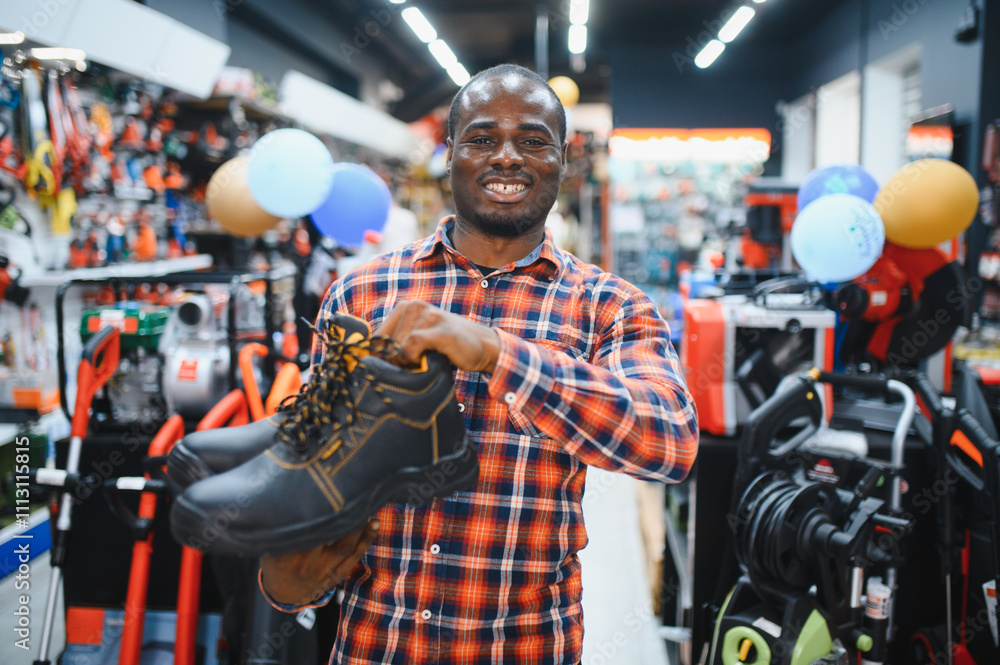 African american man in a hardware store chooses safety shoes for construction work African american man in a hardware store chooses safety shoes for construction work