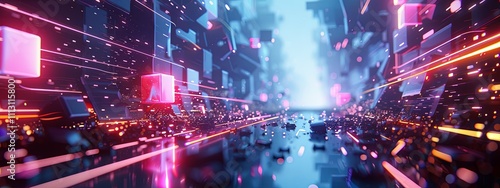 Futuristic Neon Cityscape with Data Stream and Glowing Cubes