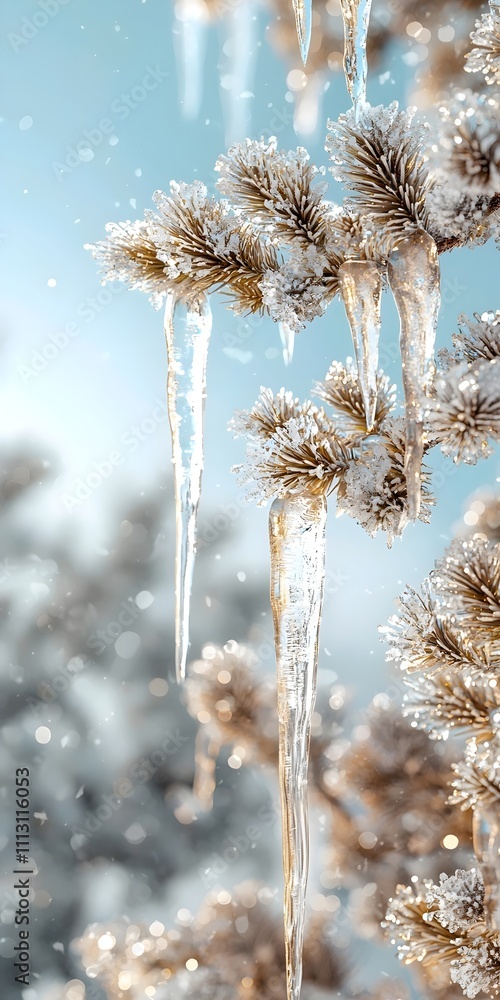 Glittering icicles hang from frosted evergreen branches, capturing the essence of winter's beauty. Sunlight sparkles off the icy formations, creating a serene atmosphere. Glittering icicles hang from frosted evergreen branches, capturing the essence of winter's beauty. Sunlight sparkles off the icy formations, creating a serene atmosphere.