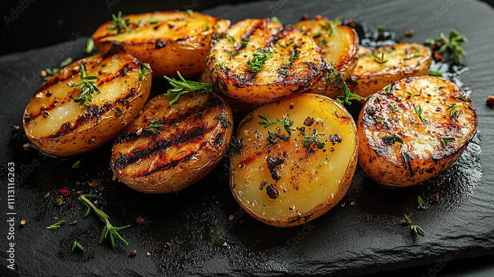 Grilled potatoes with herbs on a black slate plate, close-up view Grilled potatoes with herbs on a black slate plate, close-up view