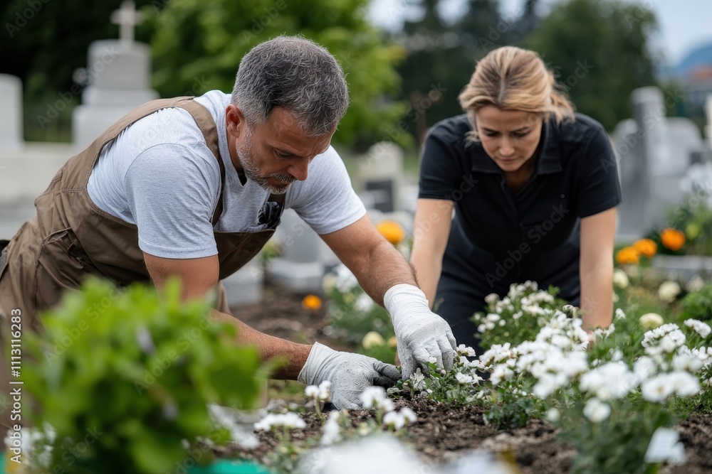 Fototapeta premium Two dedicated individuals work together to nurture flowers in a serene cemetery, representing remembrance and care for loved ones in a peaceful environment.