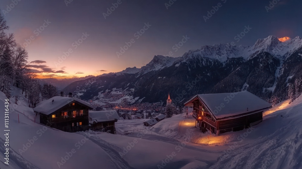 Serene winter landscape at dusk with snow-covered cabins and mountains. Serene winter landscape at dusk with snow-covered cabins and mountains.