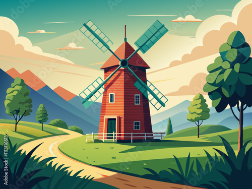 colorful illustration of scenery of a windmill house on the farm field with the mountains on the background