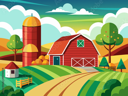 colorful illustration of scenery of barn house, silo, and farm life in the country side