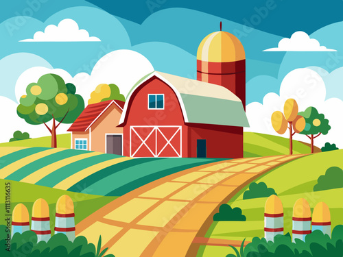 colorful illustration of scenery of barn house, silo, and farm life in the country side