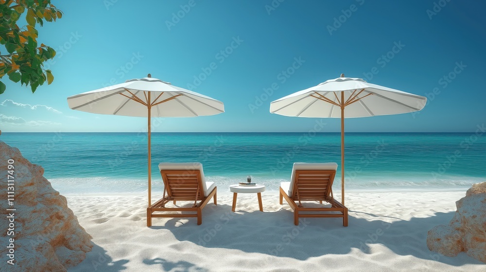 Beach scene with lounge chairs and umbrellas. Empty beach chairs and parasols on white sand. Calm ocean water. Vacation background. Relaxing atmosphere. Beach scene with lounge chairs and umbrellas. Empty beach chairs and parasols on white sand. Calm ocean water. Vacation background. Relaxing atmosphere.