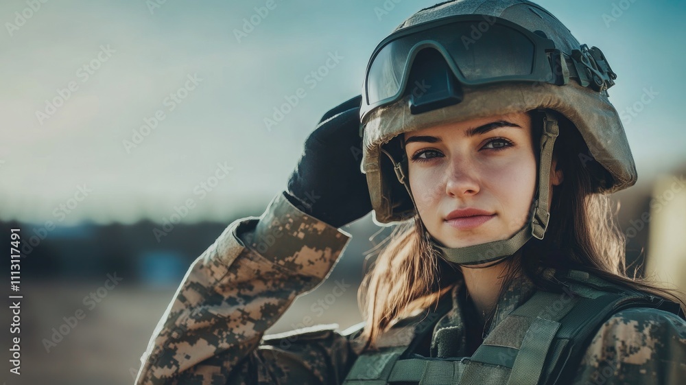 Female soldier in full combat gear standing outdoors, looking confident, and saluting Female soldier in full combat gear standing outdoors, looking confident, and saluting