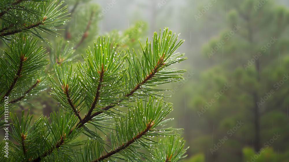 Pine trees in early morning, with soft dewdrops visible on the needles Pine trees in early morning, with soft dewdrops visible on the needles