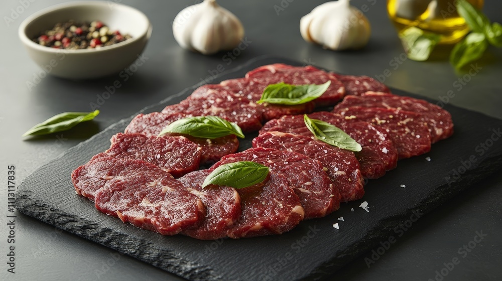 Slices of raw beef arranged on a slate with garlic, herbs, and olive oil in the background. Slices of raw beef arranged on a slate with garlic, herbs, and olive oil in the background.