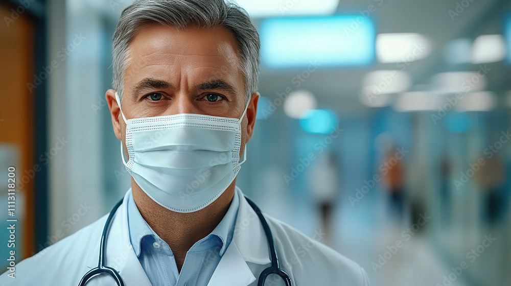Portrait of a middle-aged male doctor wearing a face mask, standing in a hospital and looking at the camera Portrait of a middle-aged male doctor wearing a face mask, standing in a hospital and looking at the camera