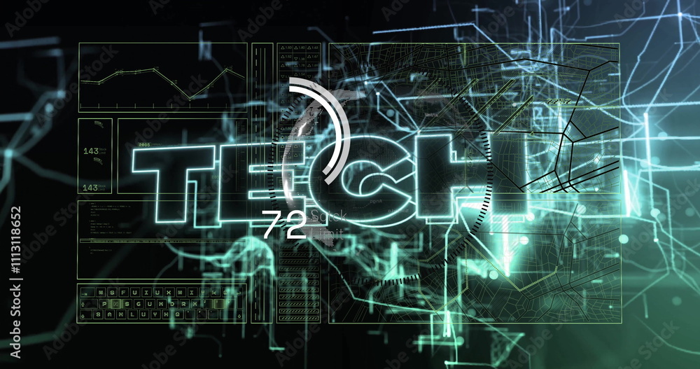 Fototapeta premium TECH text image over digital circuit and network graphics