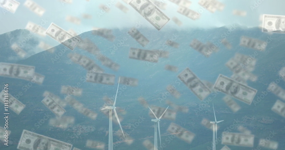 Falling dollar bills image over wind turbines in mountainous landscape Falling dollar bills image over wind turbines in mountainous landscape
