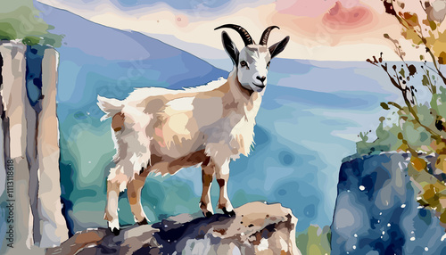 Watercolor of a majestic mountain goat standing on rocky ledge during sunset with vibrant sky in the background