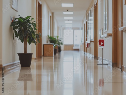 Long hospital corridor with plants and polished floors.