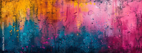 Abstract Colorful Painting with Drips and Splashes on Textured Canvas