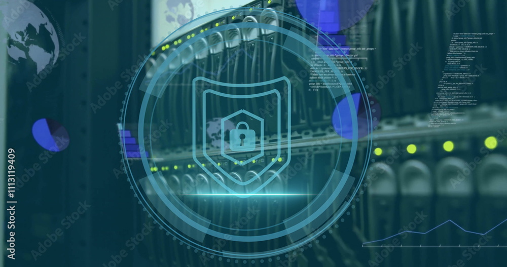 Naklejka premium Image of padlock and shield icon on security scanner interface and data processing over server