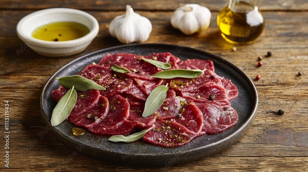 Thinly sliced raw meat arranged on a plate with garlic, herbs, and olive oil for culinary use. Thinly sliced raw meat arranged on a plate with garlic, herbs, and olive oil for culinary use.