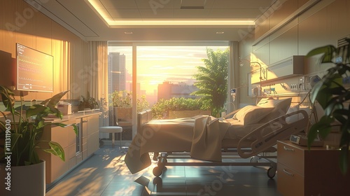 Serene Sunrise Hospital Room  Patient Bed  City View  and Peaceful Ambiance