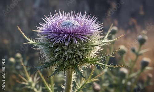 stunning silver thistle blossom in full color, colorful, nature, wildflower photo