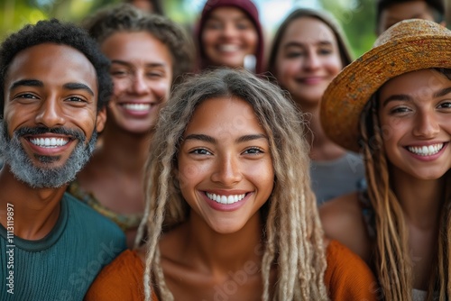 Diverse group smiles in park. People are happy and friendly. Multicultural gathering. Joyful expressions. Group portrait. Outdoor setting. A mix of ethnicities. Family. Friends. Diverse culture