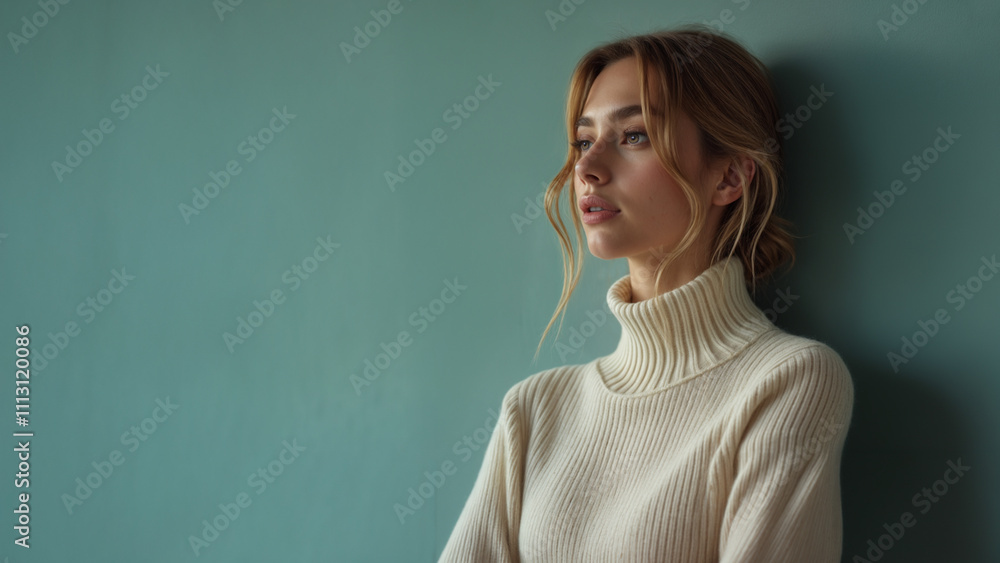 Studio portrait of a young female model with blond hair and wearing a white knit sweater. The woman is in three-quarter profile, and she is standing against a blue backdrop. Studio portrait of a young female model with blond hair and wearing a white knit sweater. The woman is in three-quarter profile, and she is standing against a blue backdrop.