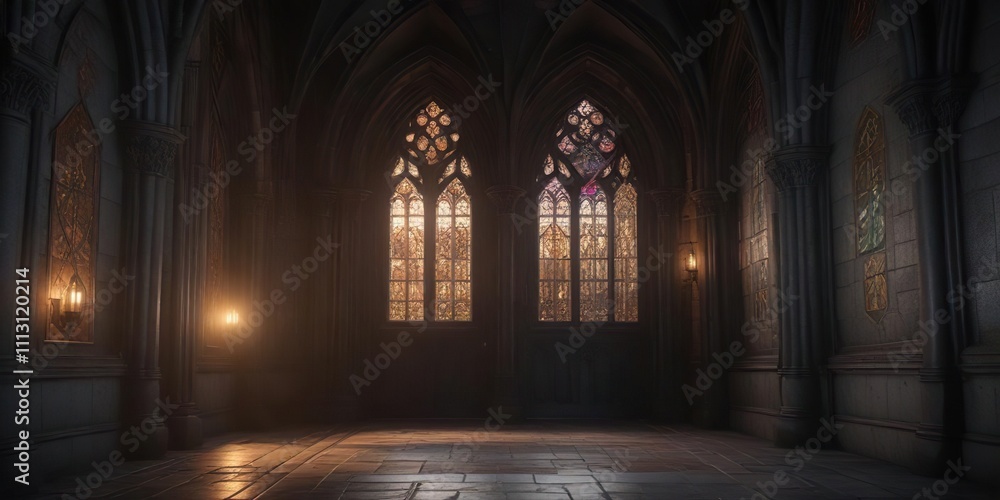 Obraz premium richly detailed gothic entranceway with stained glass windows and soft luminescent glow, stained, detailed, richly