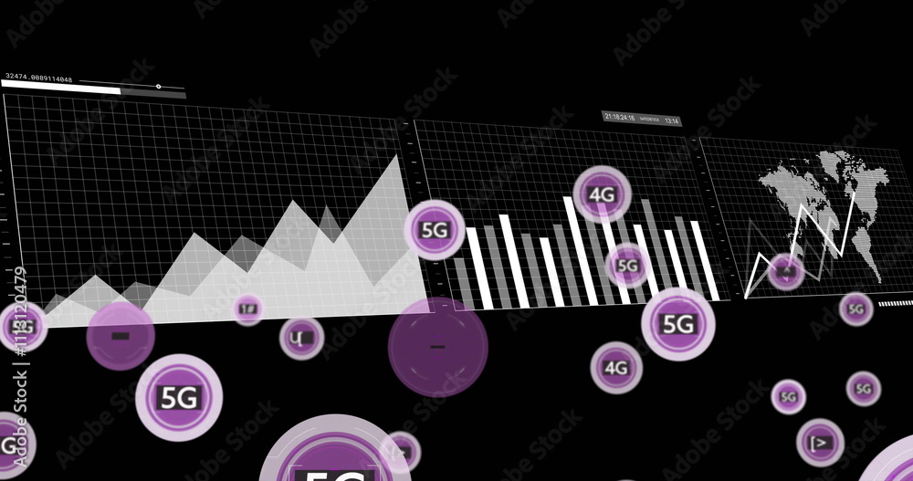 Fototapeta premium Image of 5g text, digital data processing over black background