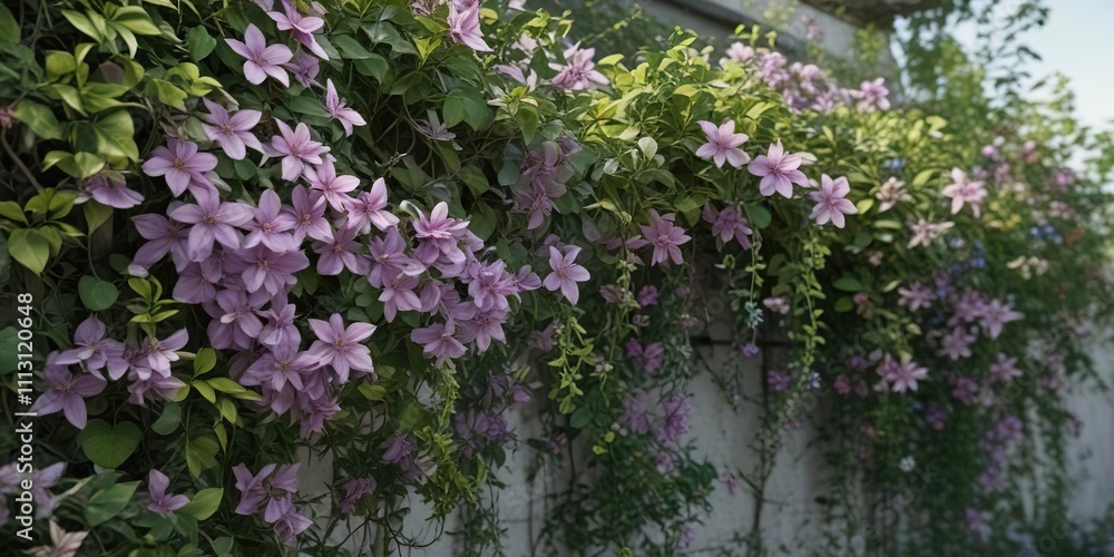 Overgrown clematis vines with lush green foliage and vibrant flowers, natural, foliage Overgrown clematis vines with lush green foliage and vibrant flowers, natural, foliage