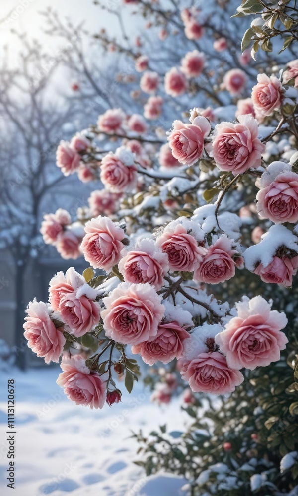 Rose bush shrouded in snow, branches heavy with frozen blooms, horticultural delight, frosty branch, winter rose bush Rose bush shrouded in snow, branches heavy with frozen blooms, horticultural delight, frosty branch, winter rose bush