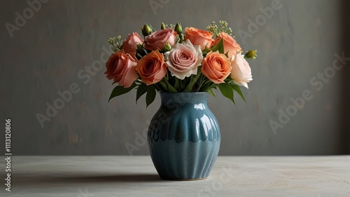 Wallpaper Mural Elegant bouquet of peach and blush roses in a textured teal vase on a light gray surface. Torontodigital.ca