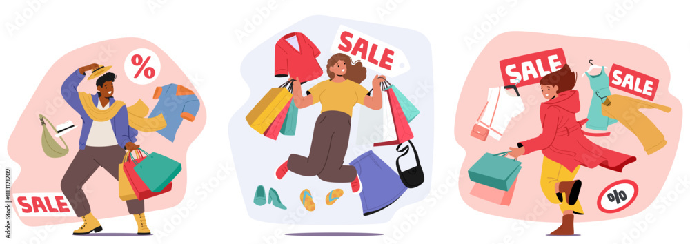 Young people crazy shopaholic cartoon characters rejoicing seasonal sale at clothing boutique store Young people crazy shopaholic cartoon characters rejoicing seasonal sale at clothing boutique store