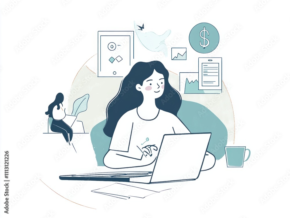 Woman working on laptop surrounded by financial graphics, charts, market analysis symbols emphasizing business strategy concept Woman working on laptop surrounded by financial graphics, charts, market analysis symbols emphasizing business strategy concept