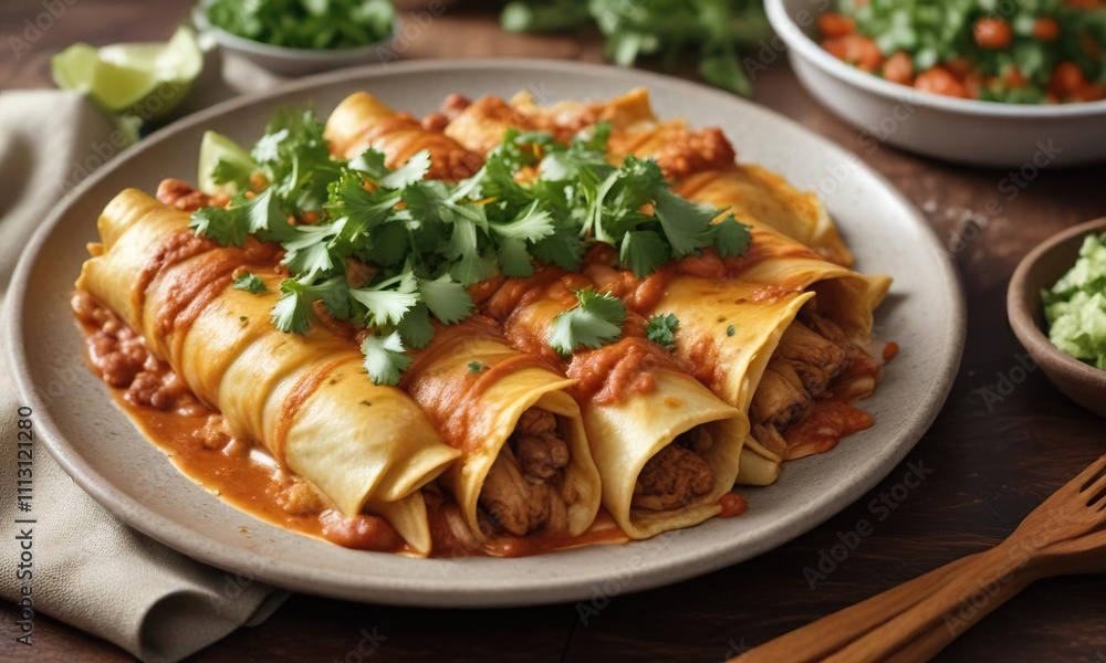 plate of warm enchiladas with fresh cilantro on top , flavor, plate plate of warm enchiladas with fresh cilantro on top , flavor, plate