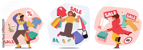 Young people crazy shopaholic cartoon characters rejoicing seasonal sale at clothing boutique store