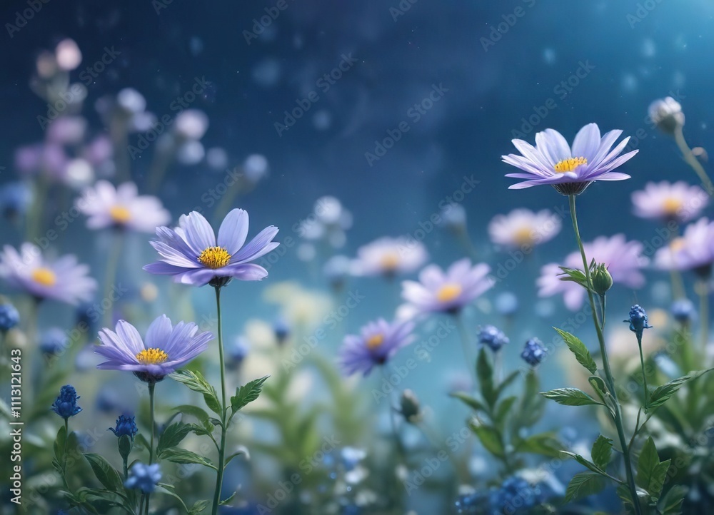 Soft focus flowers on an abstract blue background blur with bokeh lighting effects in a serene environment, blue, soft focus Soft focus flowers on an abstract blue background blur with bokeh lighting effects in a serene environment, blue, soft focus