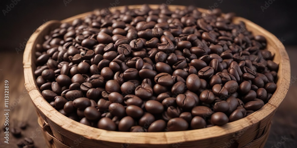 Fototapeta premium Dark brown coffee beans piled high in a wooden basket, coffee, texture
